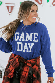 Bluing Corded GAME DAY Graphic Long Sleeve Crewneck Top