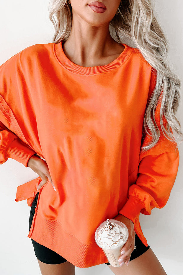 Carrot Exposed Seam Drop Shoulder Round Neck Sweatshirt with Slits