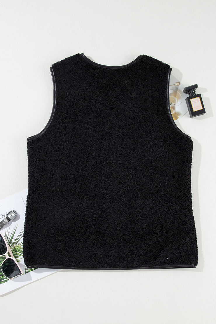 Black Leather Contrast Side Pockets Buttoned Fleece Vest