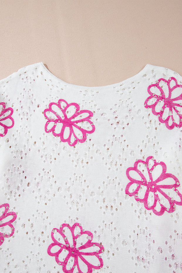 White Contrast Flower Print Eyelet Drop Shoulder Sweater