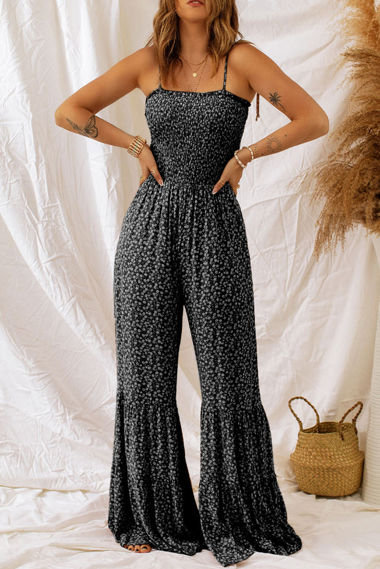 Black Thin Straps Smocked Bodice Wide Leg Floral Jumpsuit