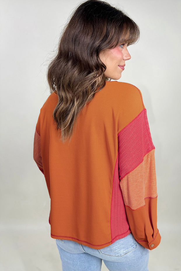 Orange Textured Knit Color Block Patchwork Chest Pocket Plus Size Top