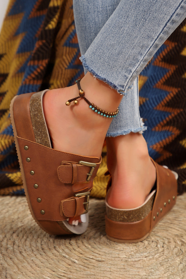 Chestnut Dual Buckle Studded Vintage Platform Slides Shoes