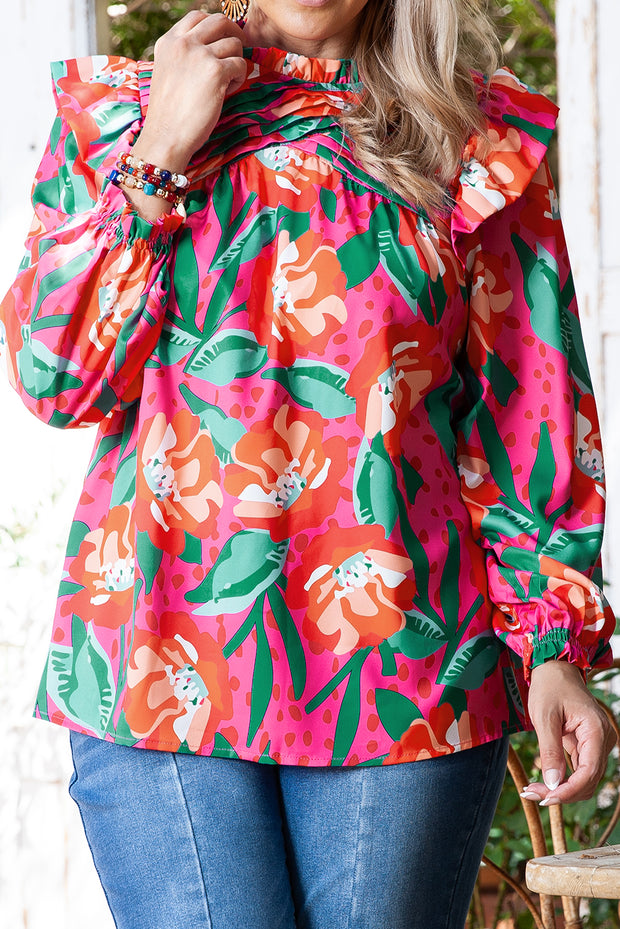 Rose Floral Print Pleated Ruffled O Neck Plus Size Blouse