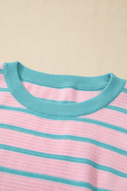 Pink Stripe Trimmed Round Neck Drop Shoulder Loose Sweater