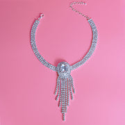 Silver Frame Fringe Rhinestone Choker