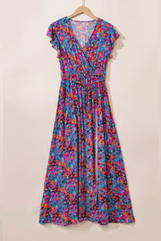 Blue Floral Print V Neck Wrap Split Maxi Dress