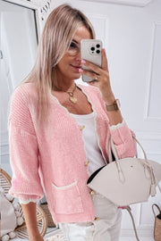 Pink Ribbed Knit Scalloped Edge Side Pockets Buttoned Cardigan