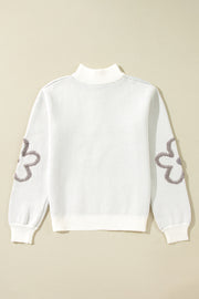 White Contrast Flower Half Zipper Stand Neck Sweater