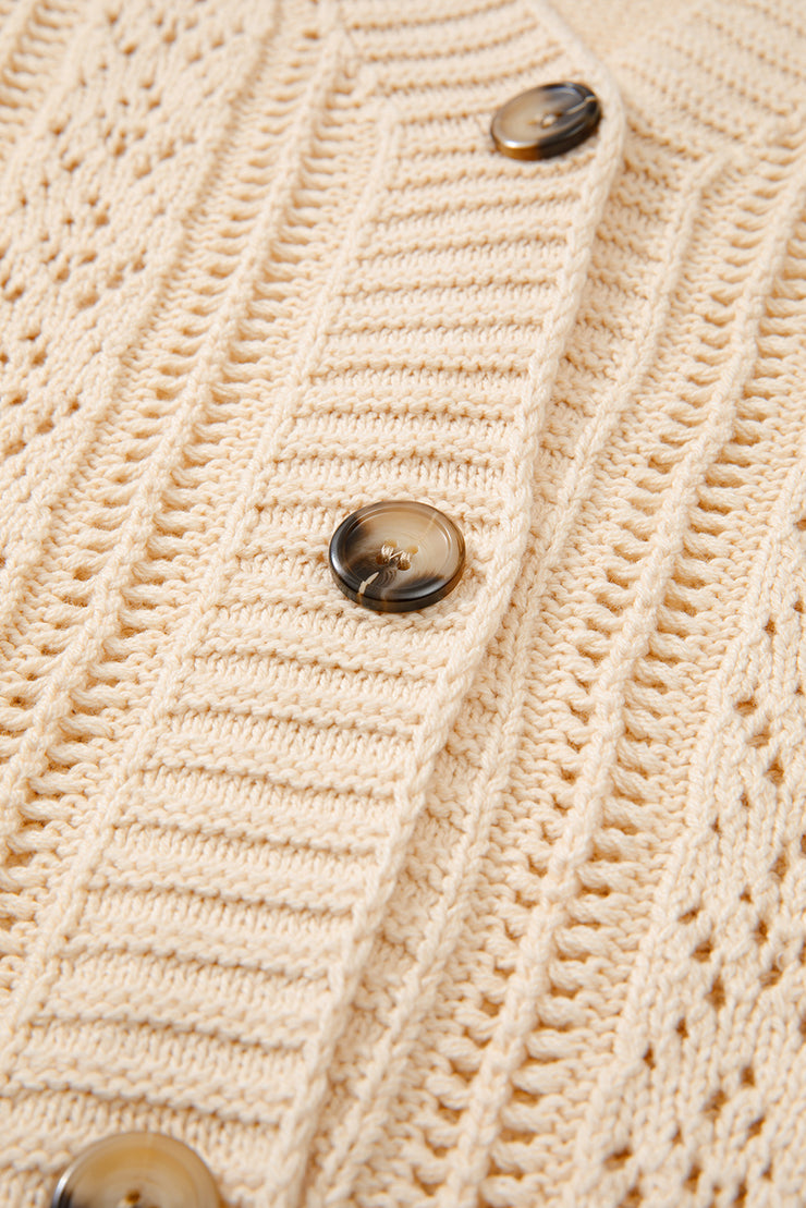 Beige Open Knit Drop Shoulder Sweater Cardigan