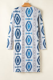 Sky Blue Western Aztec Printed Open Front Long Cardigan