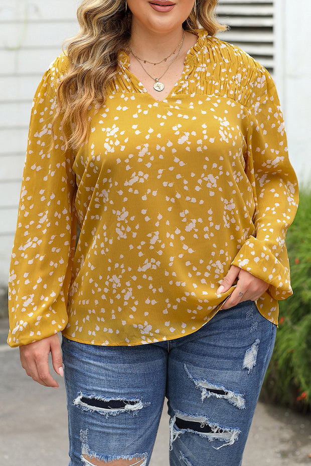 Yellow Plus Size Floral Print Ruched Split Neck Blouse