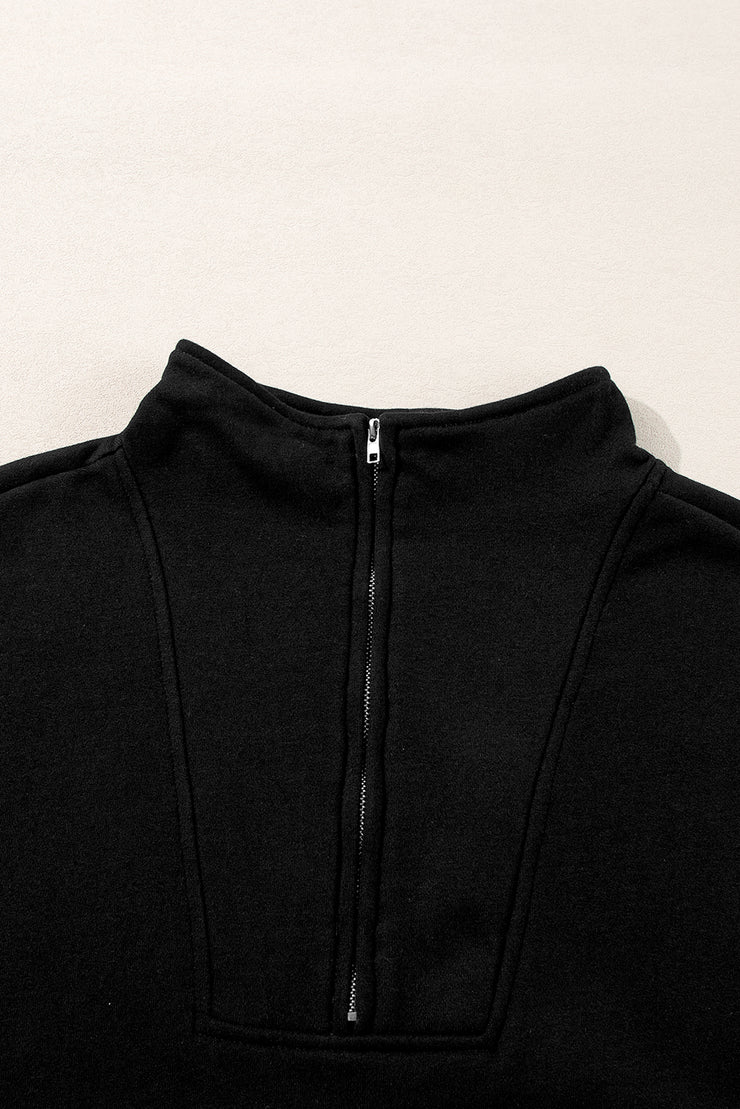 Black Zip-up Stand Neck Kangaroo Pocket Sweatshirt