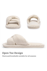 Beige Ribbed Texture Bowknot Winter Slippers