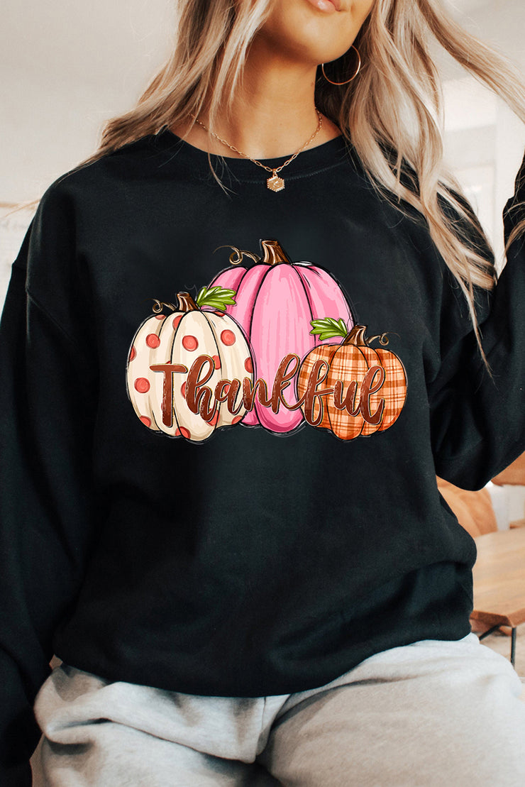 Black Pumpkin Thankful Drop Shoulder Thanksgiving Pullover Sweatshirt