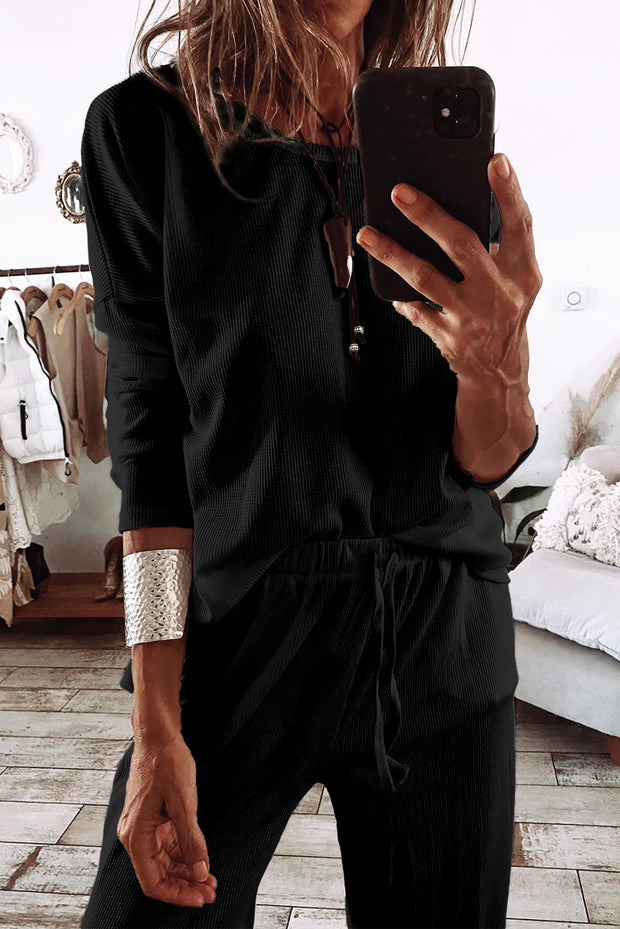 Black Textured Long Sleeve T Shirt and Pants Lounge Set