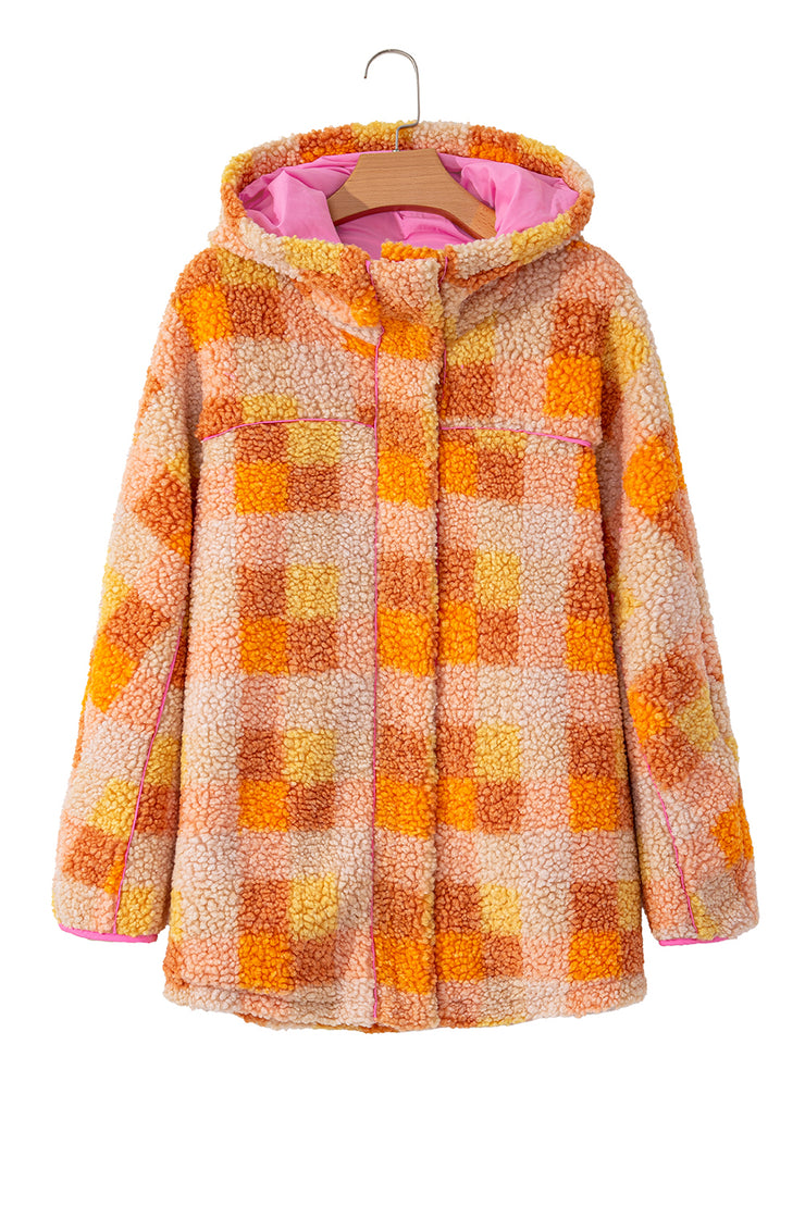 Orange Checkered Sherpa Hooded Jacket