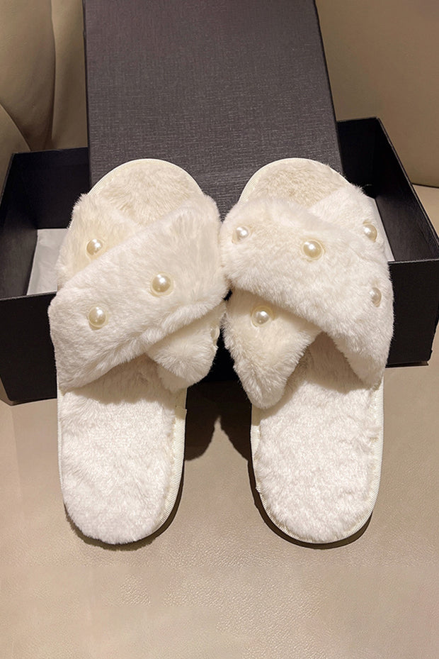 White Pearl Decor Criss Cross Plush Slippers