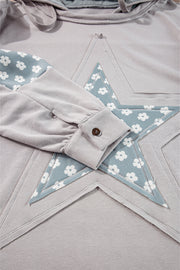 Beau Blue Floral Patchwork Star Pattern Drawstring Hoodie