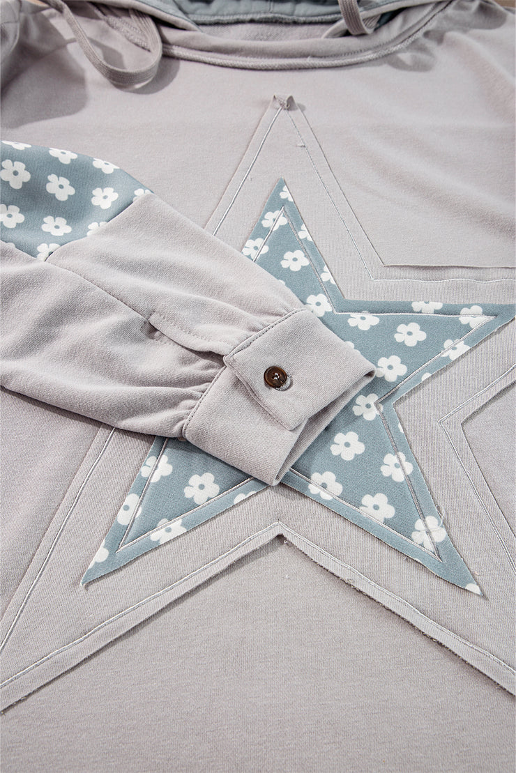 Beau Blue Floral Patchwork Star Pattern Drawstring Hoodie