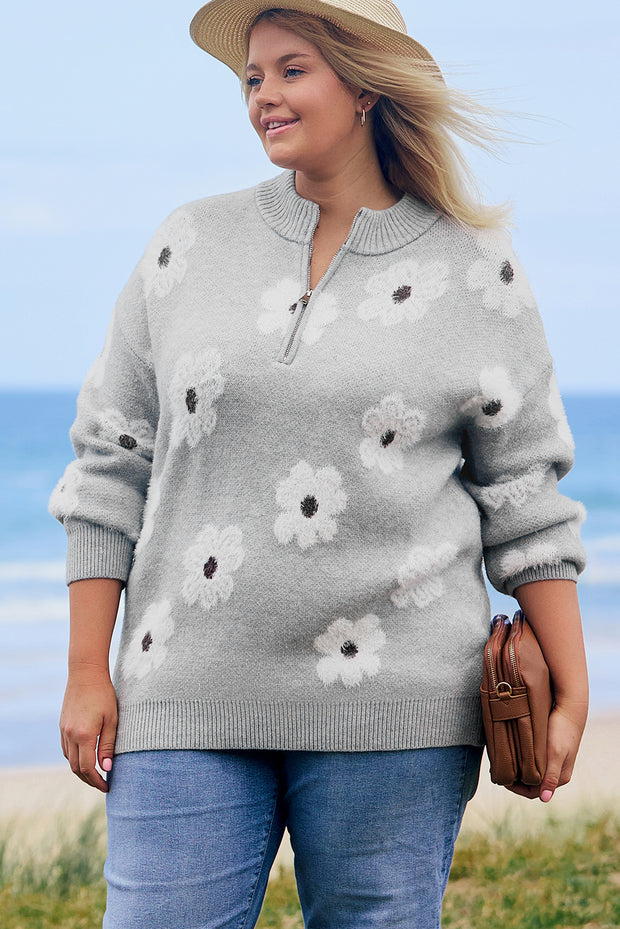 Gray Plus Size Embroidered Floral Pattern Half Zip Sweater