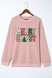 Pink MERRY and BRIGHT Christmas Tree Print Ribbed Sweatshirt