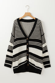 Black Colorblock Textured Knit Buttoned Cardigan