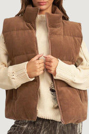 Coffee Corduroy Stand Neck Zipped Puffer Vest