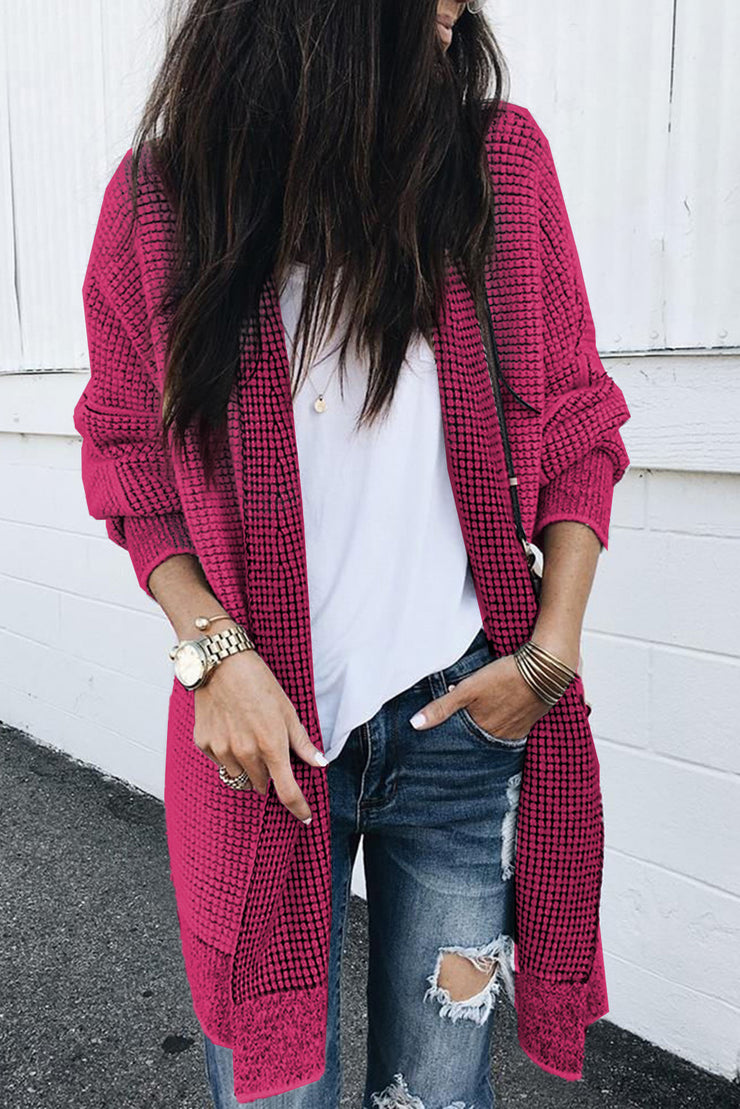 Rose Plaid Knitted Long Open Front Cardigan