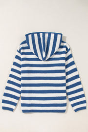 Blue Stripe V Neck Pocketed Drawstring Hooded Sweater