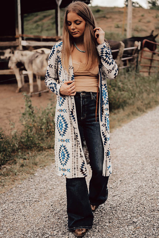 Sky Blue Western Aztec Printed Open Front Long Cardigan