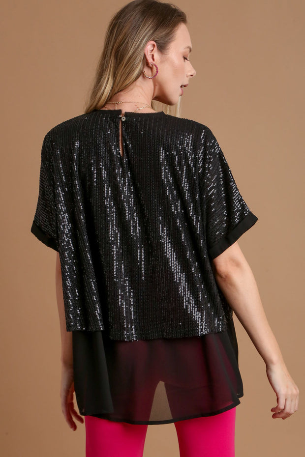 Umgee Sequin Half Sleeve Layered Blouse