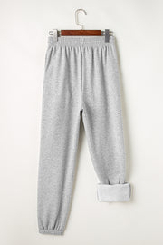 Light Grey Solid Color Fleece Lined Drawstring Waist Joggers