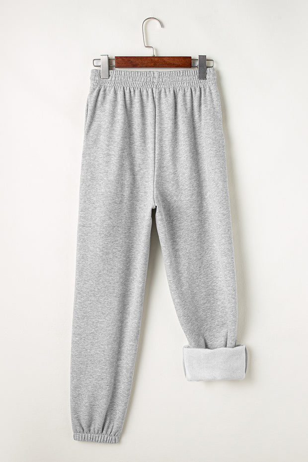 Light Grey Solid Color Fleece Lined Drawstring Waist Joggers