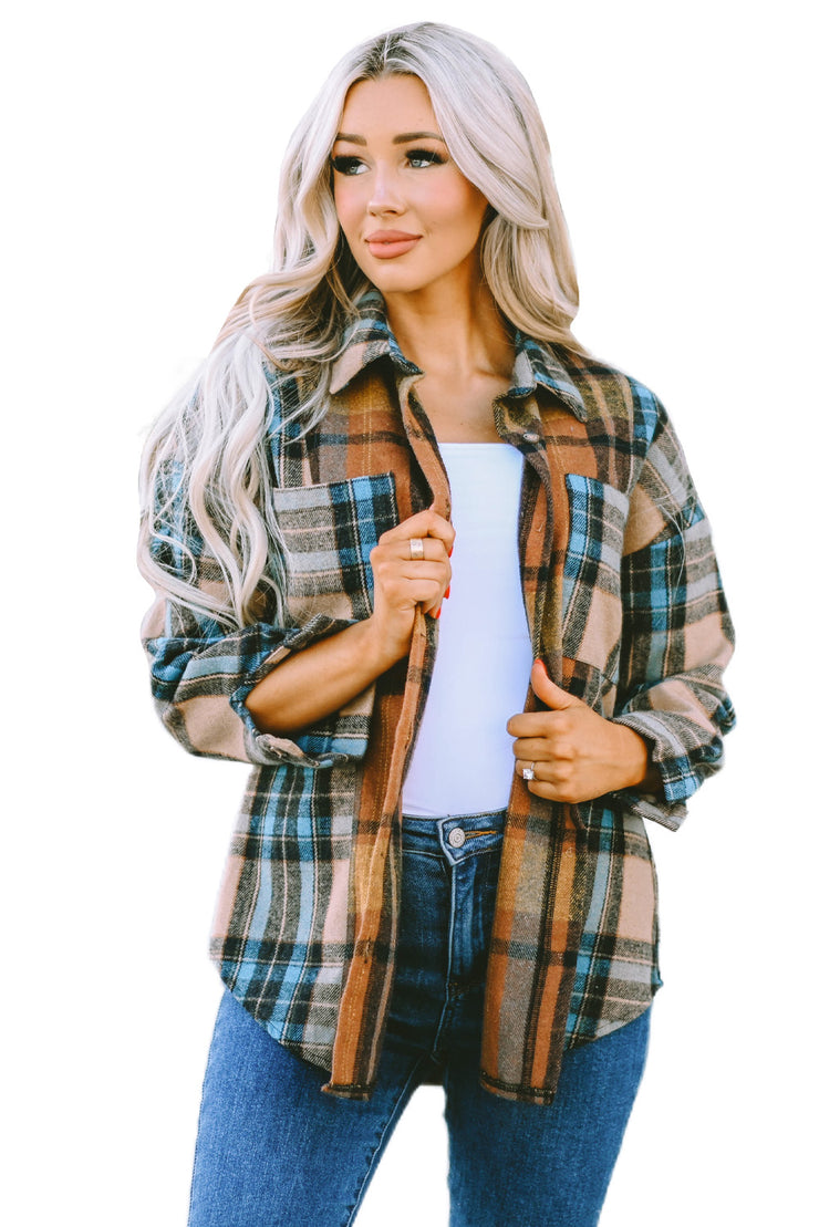 Brown Plaid Color Block Buttoned Shirt with Pockets