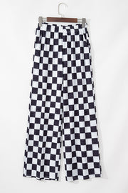 Black 2-Tone Checked Print High Waist Wide Leg Pants