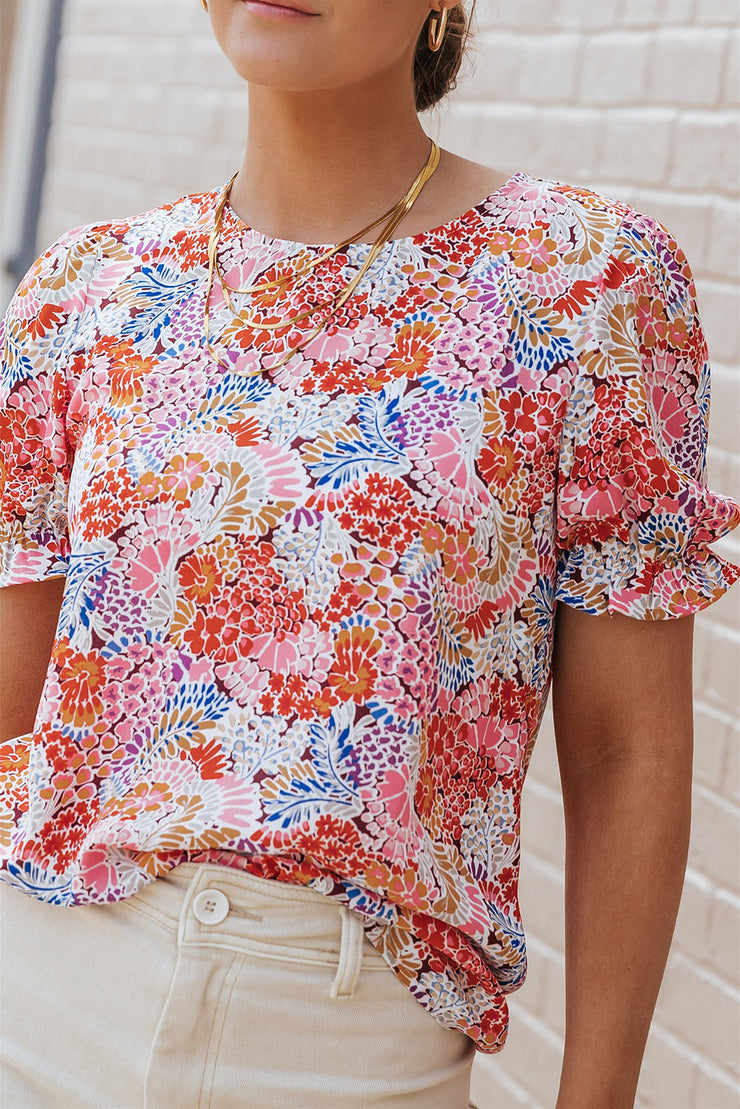 Multicolor Mix Floral Pattern Bubble Sleeve Blouse