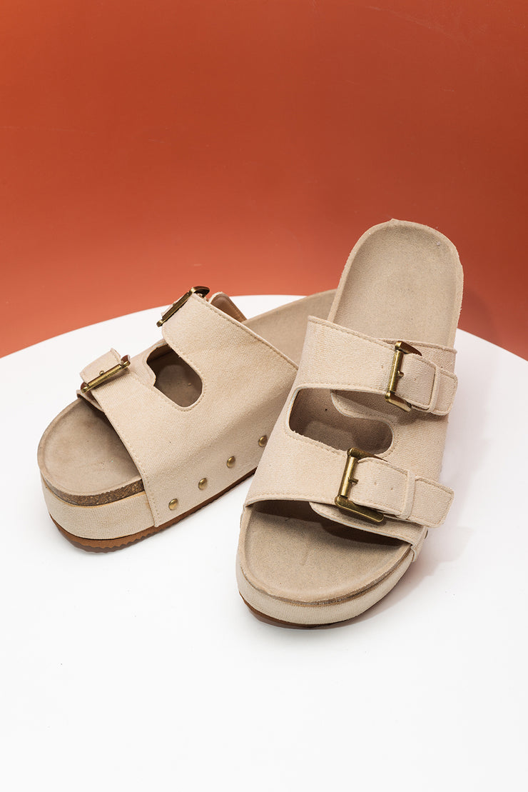 Beige Suede Buckle Decor Corky Platform Slides Shoes