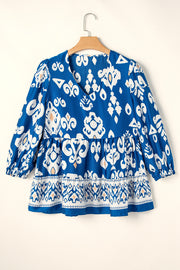 Blue Tribal Geometric Print 3/4 Sleeve Flowy Fit Blouse