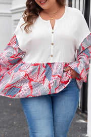 Apricot Plus Size Printed Patchwork Textured Buttoned Blouse