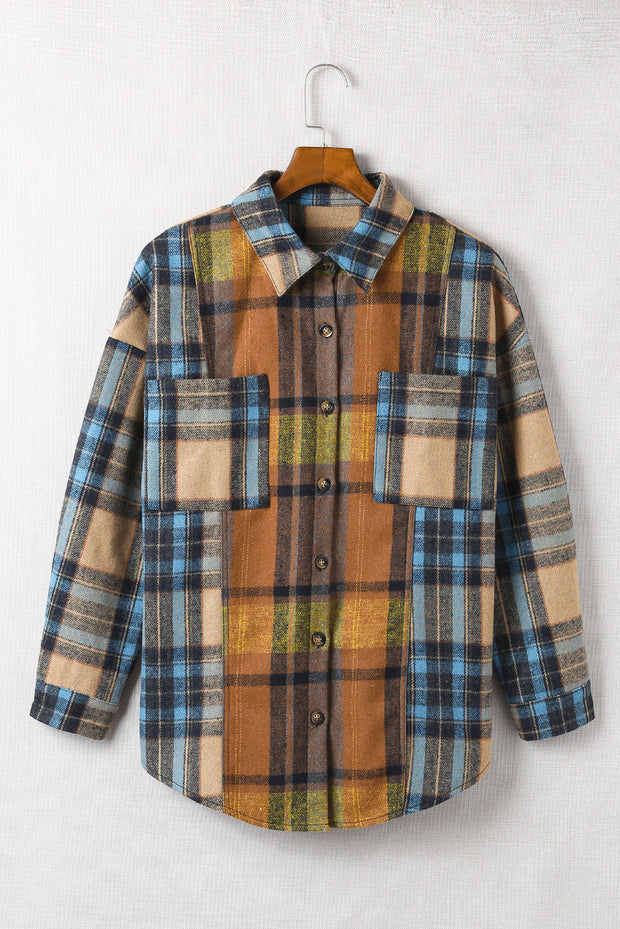 Brown Plaid Color Block Buttoned Shirt with Pockets