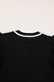 Black Edge Piping Ruffled Sleeve Round Neck Knit T Shirt