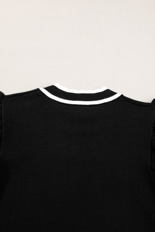 Black Edge Piping Ruffled Sleeve Round Neck Knit T Shirt