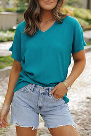 Blue Sapphire Crinkled V Neck Wide Sleeve T-shirt