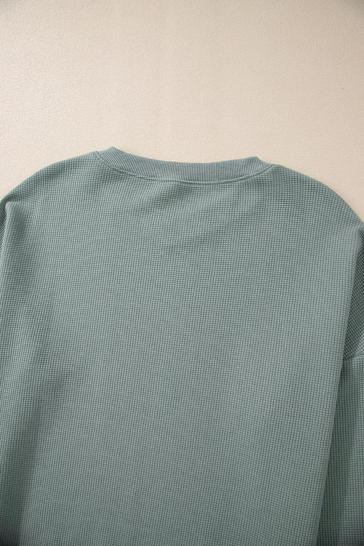 Clearly Aqua Waffle Knit Drop Shoulder V Neck Top