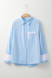 Sky Blue Stripe Contrast Patch Pocket Cuffed Sleeve Casual Shirt