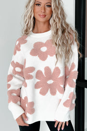 White Textured Flower Drop Shoulder Loose Sweater