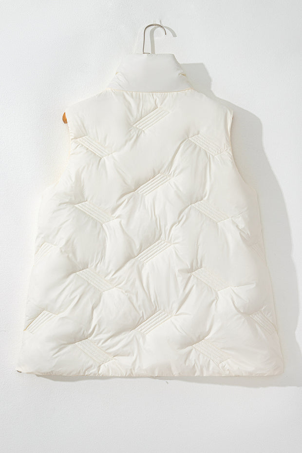 White Quilted High Neck Zip Up Jacket Vest