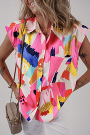 Multicolour Abstract Print Collared Cap Sleeve Casual Shirt