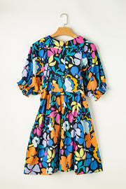 Blue Split Neck Collared Plus Floral Dress